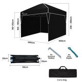 RED TRACK 3x3m Ultra Compact Folding Gazebo, Walls, Carry bag, Portable Outdoor Popup Marquee for Camping Beach, Black - Front View