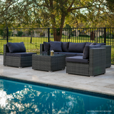 LONDON RATTAN 5 Seater Modular Outdoor Lounge Setting with Coffee Table, Grey - 45-Degree Angle