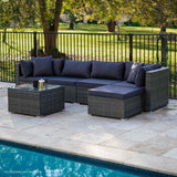 LONDON RATTAN 5 Seater Modular Outdoor Lounge Setting with Coffee Table, Ottoman, Grey - 45-Degree Angle