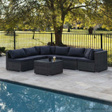 LONDON RATTAN 7 Piece 6 Seater Modular Outdoor Lounge Setting with Coffee Table, Grey - Low Angle