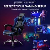 OVERDRIVE Conquest Series Reclining Gaming Ergonomic Office Chair with Lumbar and Neck Pillows, Black and Blue - Low Angle