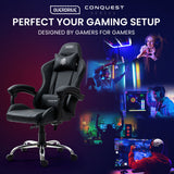 OVERDRIVE Conquest Series Reclining Gaming Ergonomic Office Chair with Lumbar and Neck Pillows, Black - Low Angle
