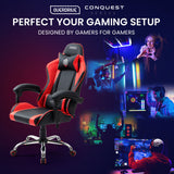 OVERDRIVE Conquest Series Reclining Gaming Ergonomic Office Chair with Lumbar and Neck Pillows, Black and Red - Low Angle