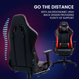 OVERDRIVE Apex Series Reclining Gaming Ergonomic Office Chair with Footrest, Black and Red - Low Angle