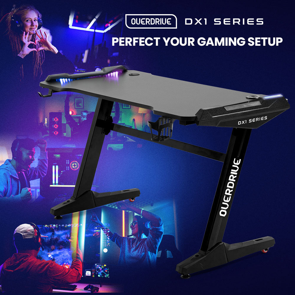 OVERDRIVE Gaming Desk 120x60cm Carbon Fiber Styling LED Lights Headset Hanger Cup Holder Cable Management Black