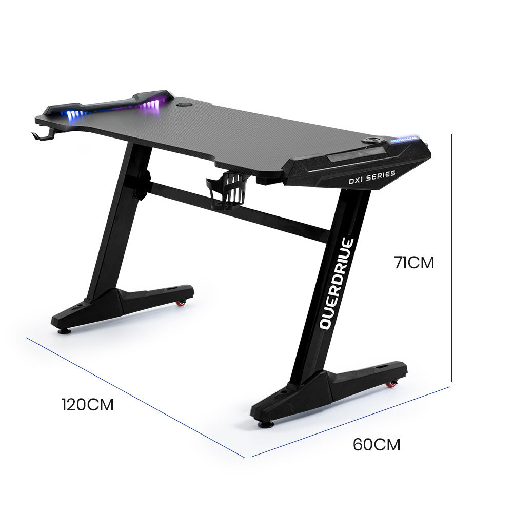 OVERDRIVE Gaming Desk 120x60cm Carbon Fiber Styling LED Lights Headset Hanger Cup Holder Cable Management Black