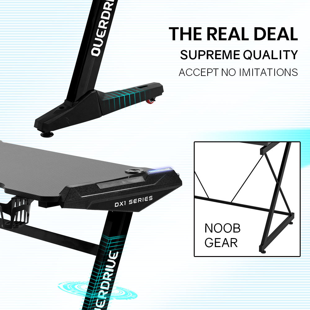 OVERDRIVE Gaming Desk 120x60cm Carbon Fiber Styling LED Lights Headset Hanger Cup Holder Cable Management Black