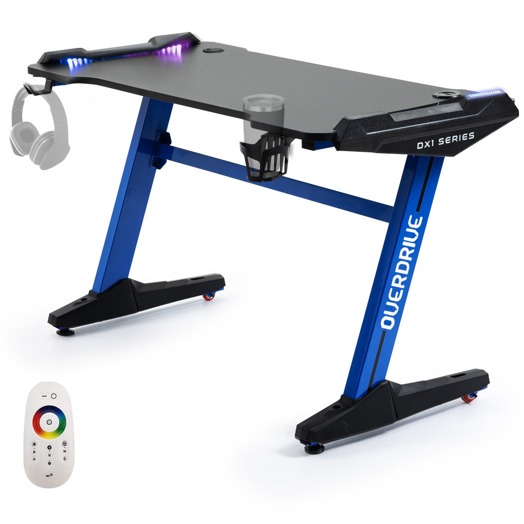 OVERDRIVE Gaming Desk 120x60cm Carbon Fiber Styling LED Lights Headset Hanger Cup Holder Cable Management Blue