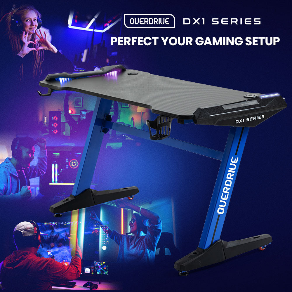 OVERDRIVE Gaming Desk 120x60cm Carbon Fiber Styling LED Lights Headset Hanger Cup Holder Cable Management Blue