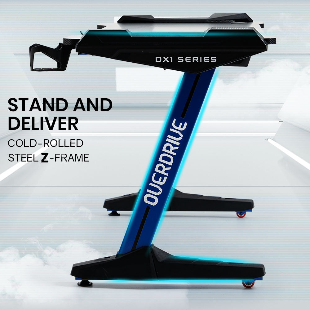 OVERDRIVE Gaming Desk 120x60cm Carbon Fiber Styling LED Lights Headset Hanger Cup Holder Cable Management Blue