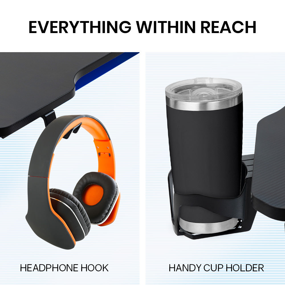 OVERDRIVE Gaming Desk 120x60cm Carbon Fiber Styling LED Lights Headset Hanger Cup Holder Cable Management Blue