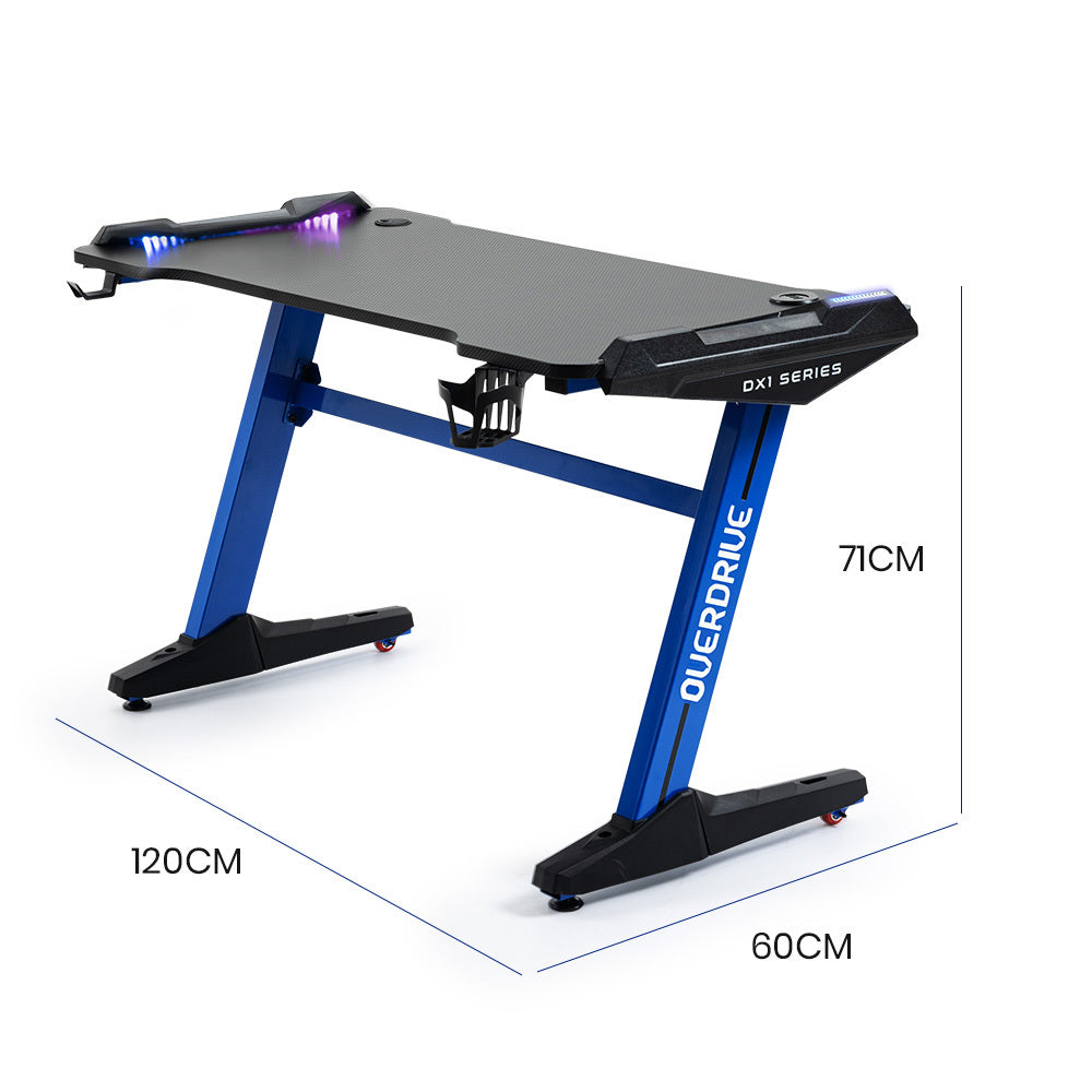 OVERDRIVE Gaming Desk 120x60cm Carbon Fiber Styling LED Lights Headset Hanger Cup Holder Cable Management Blue