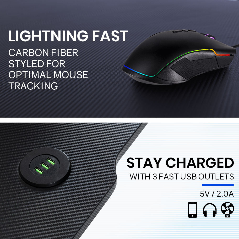 OVERDRIVE Gaming Desk 120x60cm Carbon Fiber Styling LED Lights Headset Hanger Cup Holder Cable Management Blue