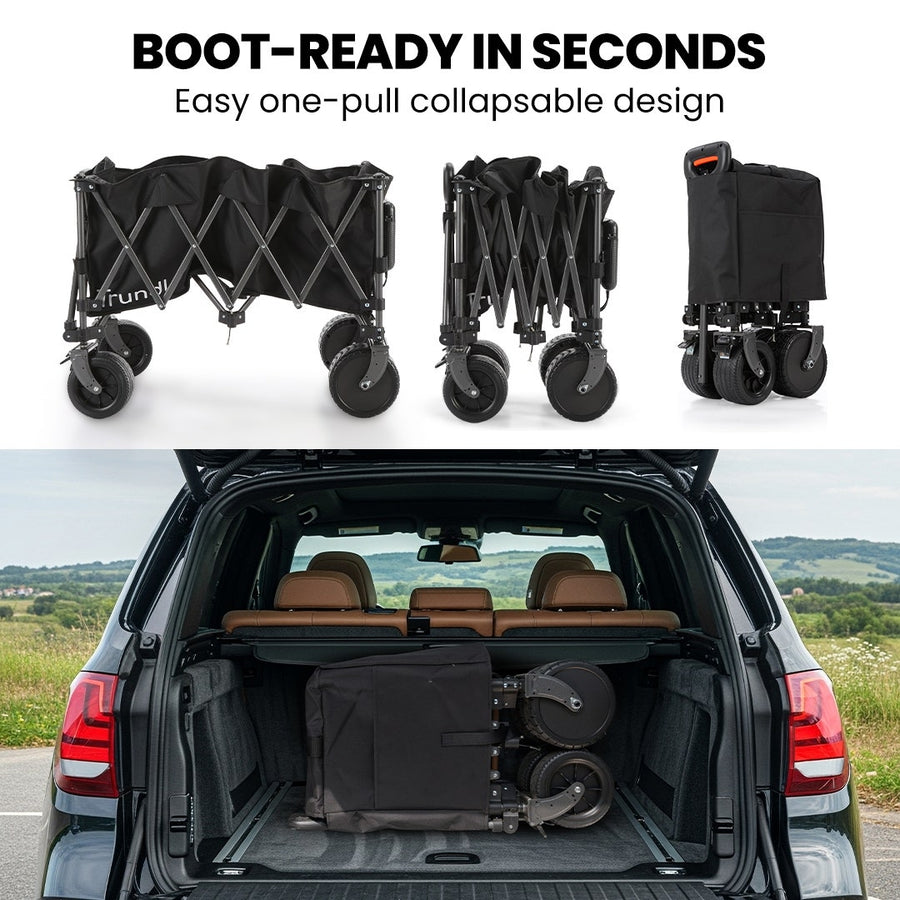 TRUNDL 180L XL Electric Folding Pull Cart, Powerful Easy Hill Climbing, All-terrain Wheels, Wagon for Beach Camping Shopping, Black