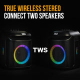 M&B Portable Splash Proof 80W Bluetooth Party Speaker, IPX4, TWS Pairing, Multi-Input, Lithium Battery, RGB, USB Charging - Low Angle