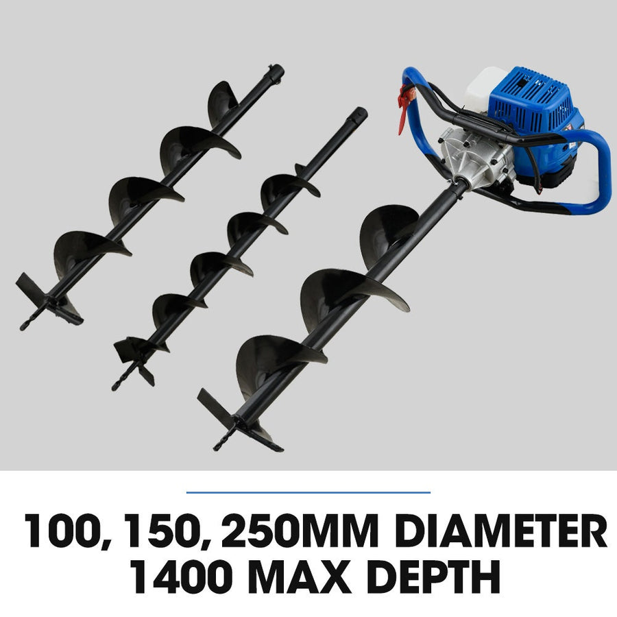 POWERBLADE PD950 52cc 2-Stroke Petrol Post Hole Digger, w/ 3 Auger bits, 600mm Extension Shaft