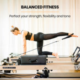 PROFLEX Wooden Pilates Reformer Machine, Stretch Bed with box and jump board accessories - Side View