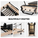 PROFLEX Wooden Pilates Reformer Machine, Stretch Bed with box and jump board accessories - Top-Down View