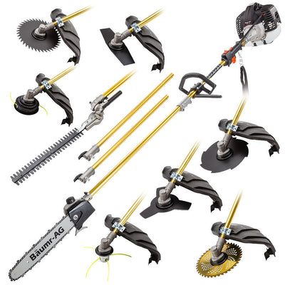 BAUMR-AG 65cc 9in1 Long Reach Garden Multi-tool, Pole Saw, Hedge & Line Trimmer, Brush Cutter, 12" Tree Trimming Pruning Chainsaw Bar, 2 Extension Shafts