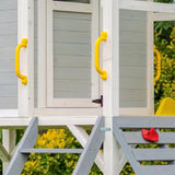 ROVO KIDS Wooden Tower Cubby House with Slide, Sandpit, Climbing Wall, Noughts & Crosses - Close-Up Angle