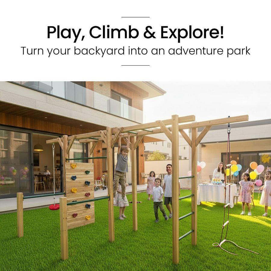 ROVO KIDS Ultimate Outdoor Monkey Bars Playset Frame, with Climbing Wall, Disc Swing, Rope Ladder