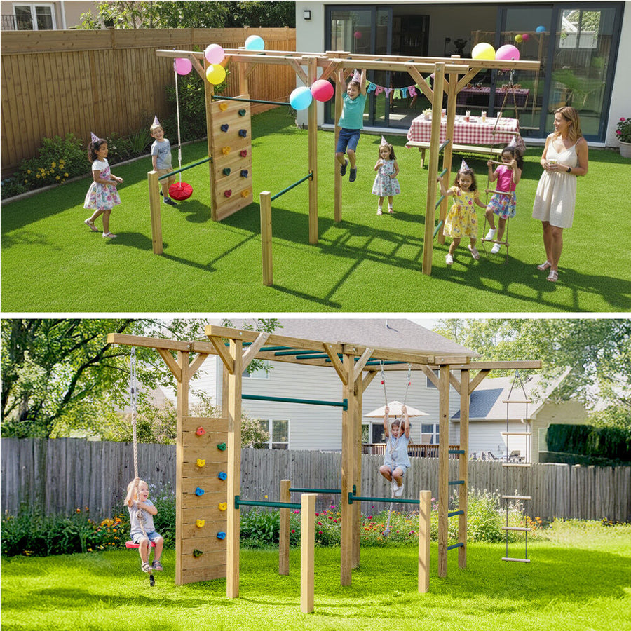 ROVO KIDS Ultimate Outdoor Monkey Bars Playset Frame, with Climbing Wall, Disc Swing, Rope Ladder
