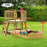 Rovo Kids Boat-Shaped Wooden Sand Pit Tower with Slide and Climbing Wall - Side View