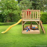 Rovo Kids Boat-Shaped Wooden Sand Pit Tower with Slide and Climbing Wall - Close-Up Angle