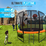 UP-SHOT 10ft Round Kids Trampoline with Curved Pole Design, Basketball Set and Sprinkler Accessory, Black and Orange - Front View