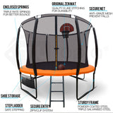 UP-SHOT 10ft Round Kids Trampoline with Curved Pole Design, Basketball Set and Sprinkler Accessory, Black and Orange - Side View