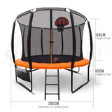 UP-SHOT 10ft Round Kids Trampoline with Curved Pole Design, Basketball Set and Sprinkler Accessory, Black and Orange - Rear View