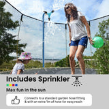 UP-SHOT 10ft Round Kids Trampoline with Curved Pole Design, Basketball Set and Sprinkler Accessory, Black and Multi-Colour - Front View