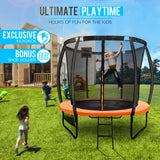 UP-SHOT 8ft Round Kids Trampoline with Curved Pole Design and Sprinkler Accessory, Black and Orange - Front View