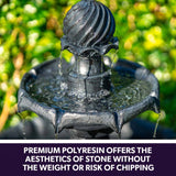 PROTEGE Water Fountain Solar Powered 3 Tiered Battery Outdoor Bird Bath with LED Lights - Close-Up Angle