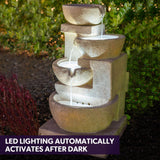 PROTEGE Solar Fountain Water Feature Outdoor 4 Bowl with LED Lights - Sand Colour - Low Angle