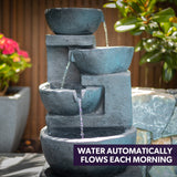 PROTEGE Solar Fountain Water Feature Outdoor 4 Bowl with LED Lights - Charcoal - Front View