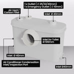 PROTEGE Macerator Pump, with 4 Inlet, for P-Trap Toilet, House, Bathroom, Shower, Sink, Washing Machine