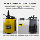 PROTEGE Tight Access Clean/Grey Water Submersible Sump Pump, Integrated Float Switch - Front View