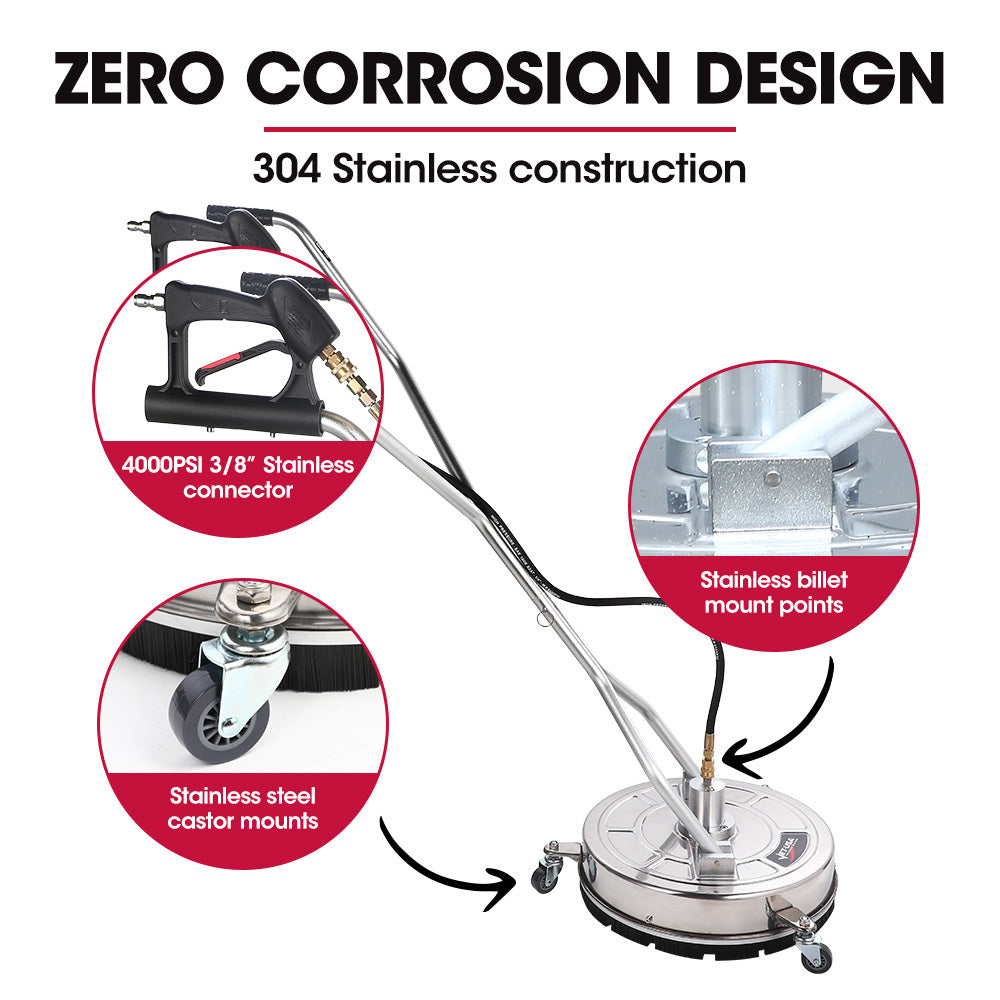 Jet-USA 18 Stainless Steel Pressure Washer Surface Cleaner with Yoke Handlebar, 3/8 Fitting, For Concrete Driveway Patio Floor