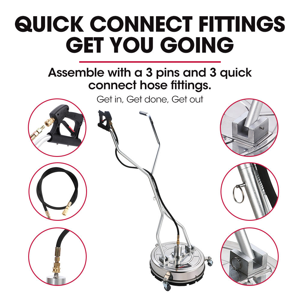 Jet-USA 18 Stainless Steel Pressure Washer Surface Cleaner with Yoke Handlebar, 3/8 Fitting, For Concrete Driveway Patio Floor