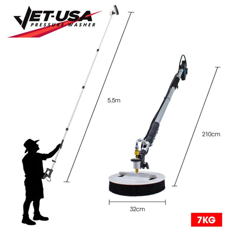 JET-USA 5.5m Telescopic Rotary Surface Cleaner Brush, for Solar Panels, Walls, Windows, M22 Pressure Washer, Solar Powered