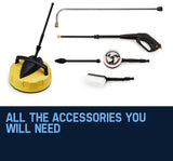 Jet-USA RX550 Electric High Pressure Washer 3500PSI Ultimate Pack, 5 Nozzles, Spin & Wheel Brush, Deck Cleaner, Turbo Head, Angled Lance, 30M Hose Reach - Top-Down View