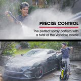 JET-USA RW545 Electric High Pressure Washer, 3000PSI Water Cooled Motor, 2 Nozzles, Brush Head, Deck Cleaner, Detergent Bottle - Low Angle