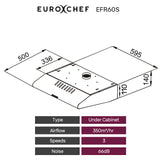 EUROCHEF 60cm Fixed Stainless Steel Rangehood, Quiet 3-Speed, 4-Layer Dishwashable Filters, Halogen Lights EFR60S - Front View