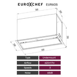 EUROCHEF 60cm Undermount Rangehood Stainless Steel, Quiet 3-Speed, 3-Layer Dishwashable Filter, LED Lights EUR60S - Front View
