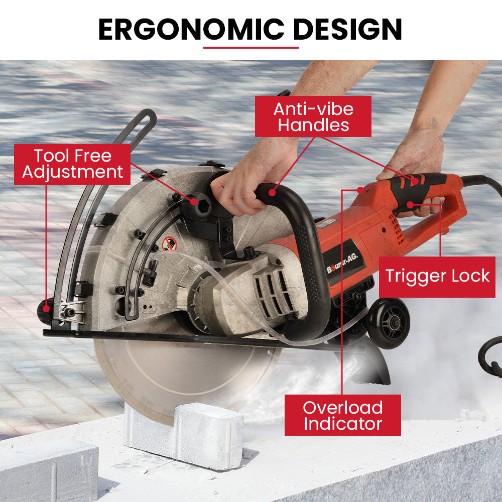 BAUMR-AG 3500W 350mm/14 Electric Concrete Demolition Cut-Off Saw, Wet and Dry Cutting, Diamond Blade, Vacuum Port, 15A Plug