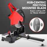 Baumr-AG 2400W 355mm 14 Metal Cut Off Cold Saw, Premium Low Spark Ceramic Alloy Tooth Blade, Measurement Scale, Soft Start, 45 Degree Mitre Chop Cutting - Close-Up Angle