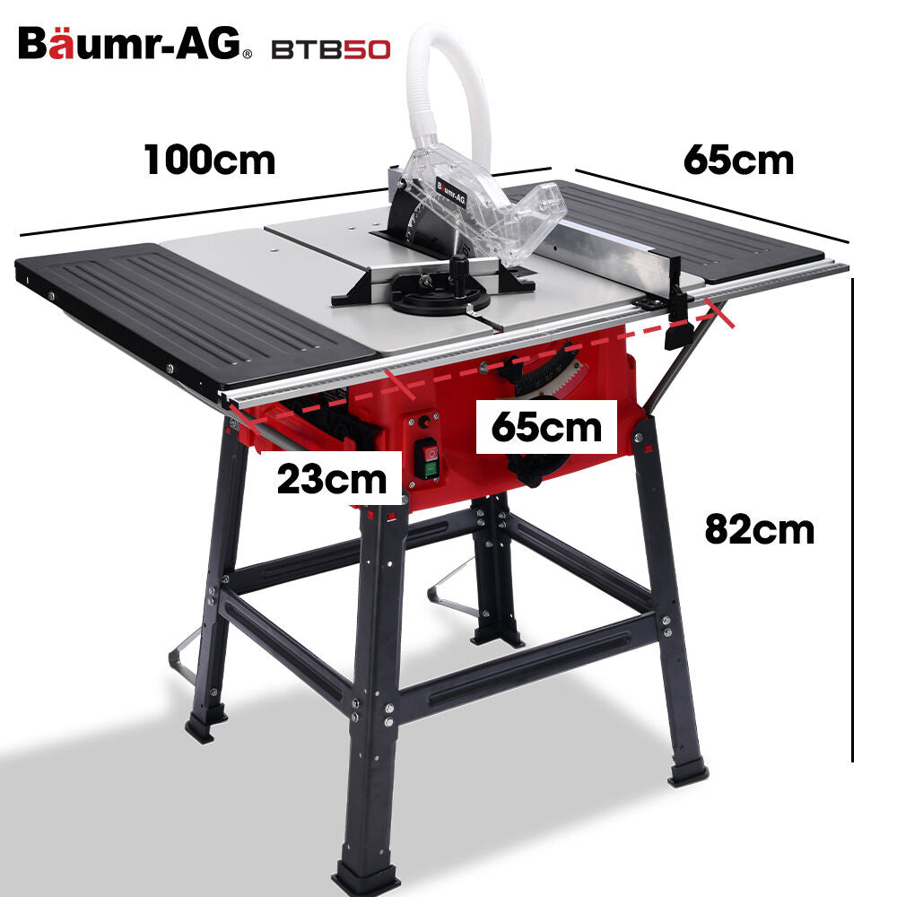 BAUMR-AG 2000W 255mm 10 Compound Table Saw, with Stand, Expandable Worktop, Vacuum Port, 45 Degree Bevel, +/- 45 Degree Mitre, Anti-tip