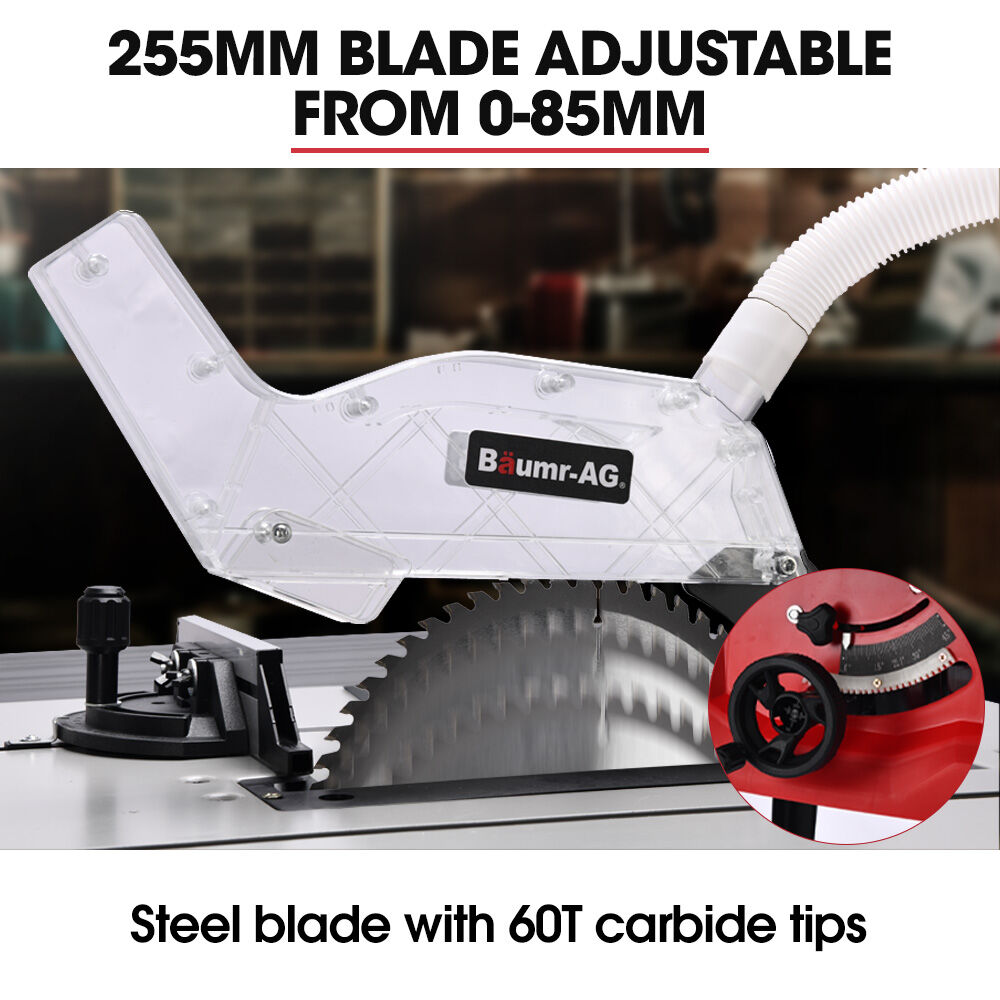 BAUMR-AG 2000W 255mm 10 Compound Table Saw, with Stand, Expandable Worktop, Vacuum Port, 45 Degree Bevel, +/- 45 Degree Mitre, Anti-tip
