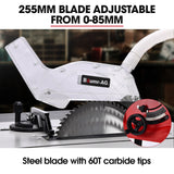 BAUMR-AG 2000W 255mm 10 Compound Table Saw, with Stand, Expandable Worktop, Vacuum Port, 45 Degree Bevel, +/- 45 Degree Mitre, Anti-tip - Side View